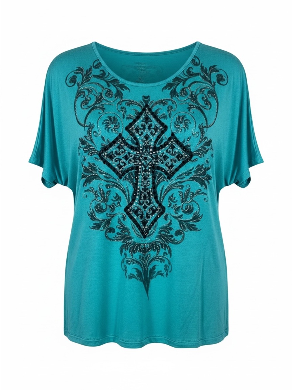 Vocal Teal Short Sleeve Tee with Embellished Cross Design